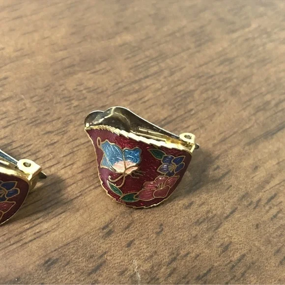 Vintage Red Flower Butterfly Cloisonne Domed  Earrings Gold Plated Clip On - Picture 5 of 7